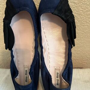 Miu Miu Navy Suede Fringe Ballet Flats